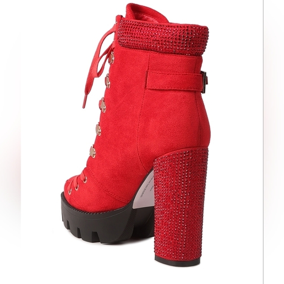 Red Lace-Up Platform Birch Diamante Block Heeled Ankle Boots Womens 8 - Picture 3 of 5